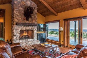 Smart TV, chimenea, libros