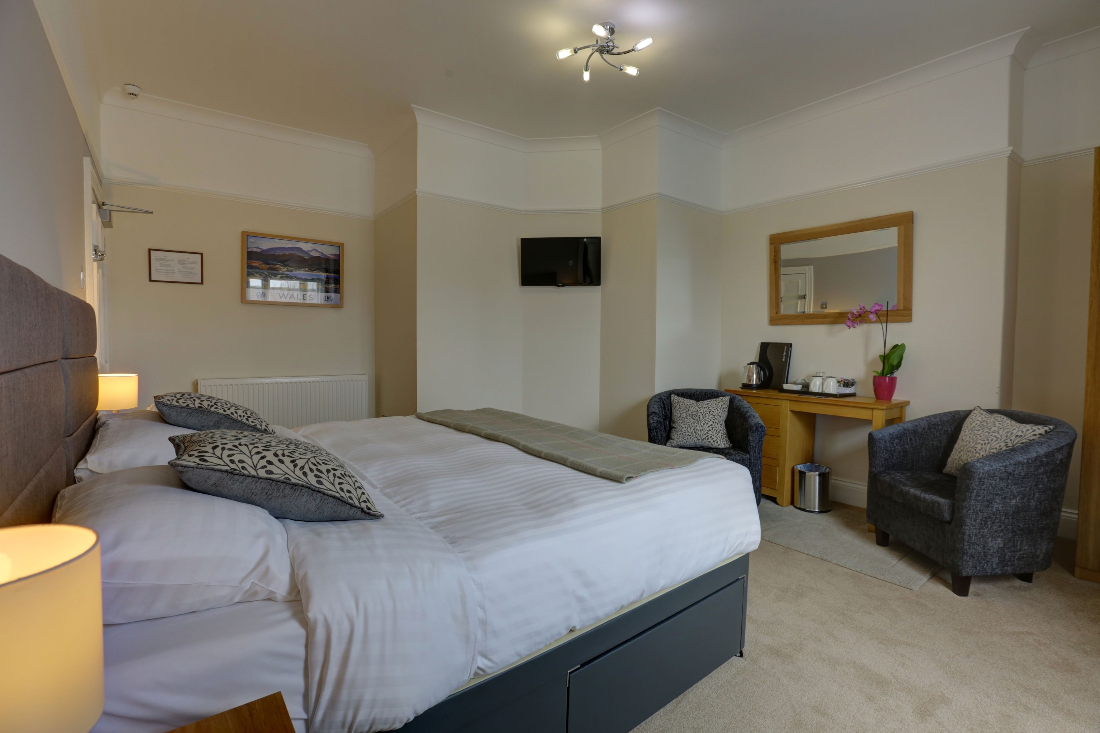 A bedroom with a bed, bedside lamps, a desk, a chair, a mirror, and a television.