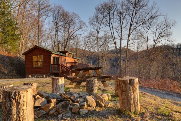 Outdoor dining - Romantic & Secluded Adventure Log Cabin w/ HOT TUB + Amazing Mountain Views (Topton)