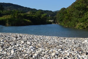 Orilla de río pedregosa con vistas a un bosque en la colina y un edificio distante.