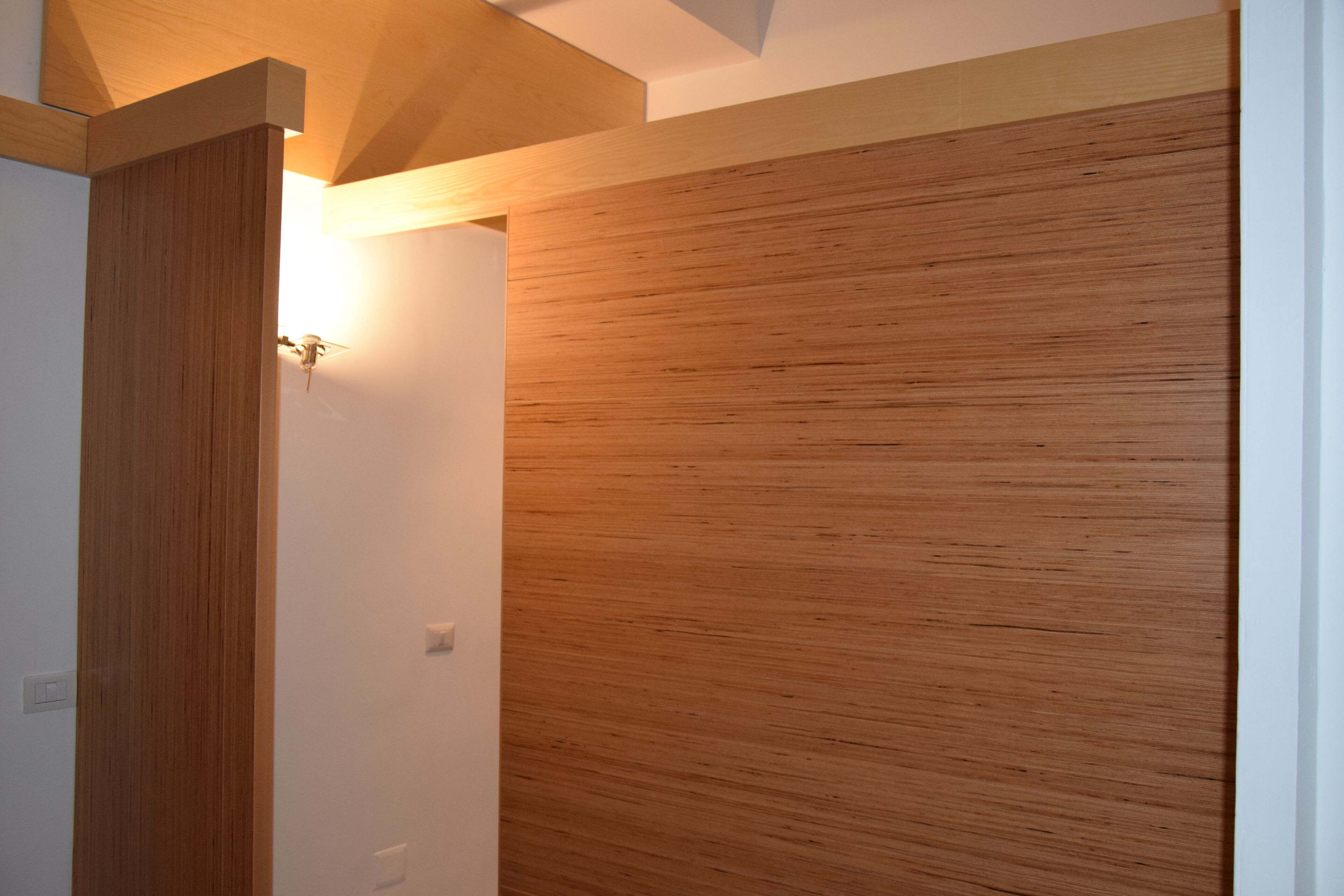 A modern interior with a wooden panel wall and a white door.