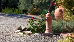 Un jardin agrémenté d’une petite fontaine ronde en terre cuite, entourée de gravier, de rochers et de plantes à fleurs.