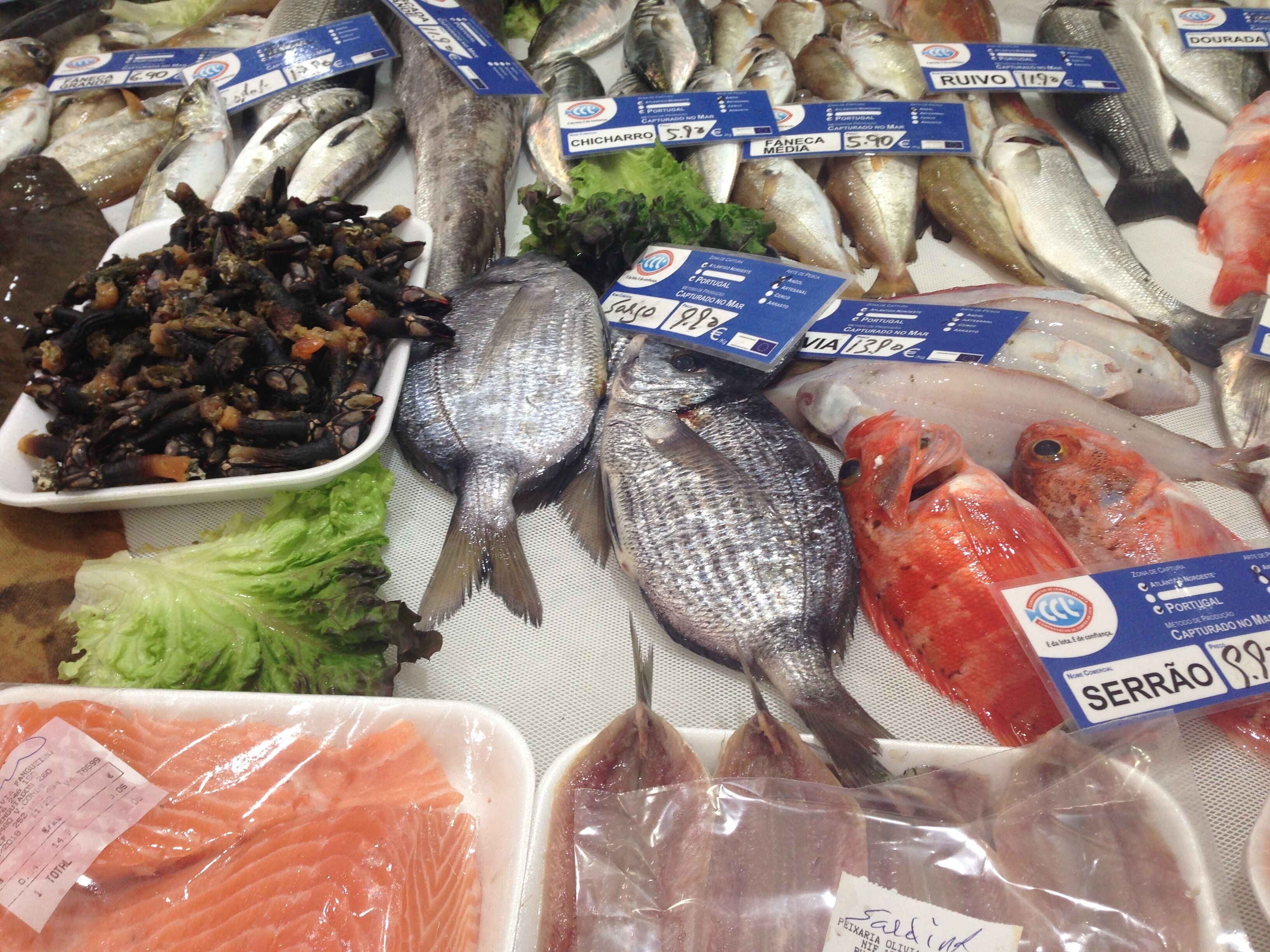 A variety of fresh seafood including fish and mussels displayed at a market.