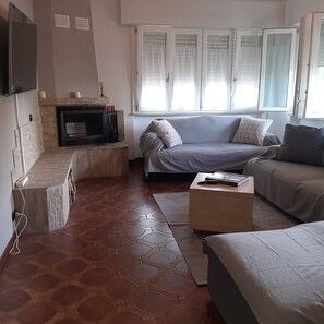 Smart TV, chimenea, libros y biblioteca musical 