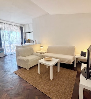 Un salon avec un canapé, une table basse, un tapis, un téléviseur et, au fond, une cuisine.