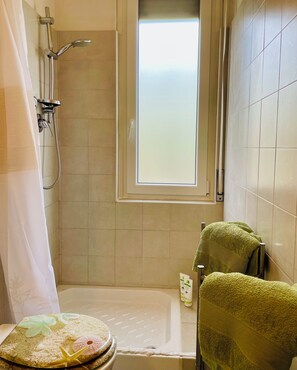 Shower, eco-friendly toiletries, hair dryer, bidet
