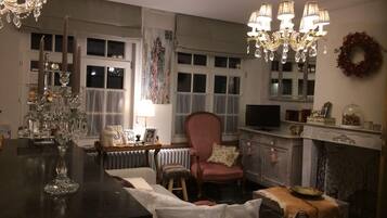 TV, fireplace, books, video library