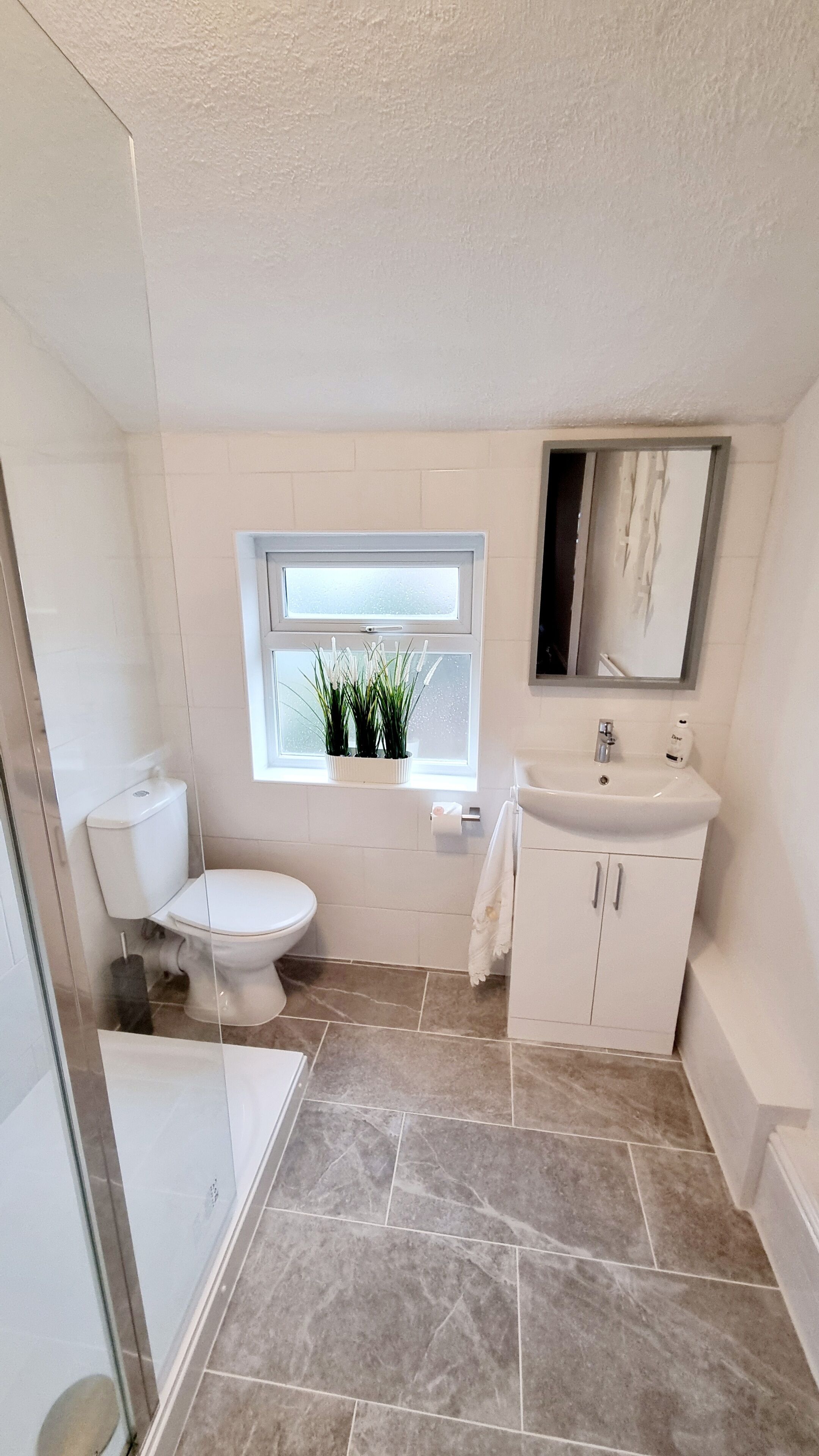 Combined shower/bathtub, hair dryer, towels, soap