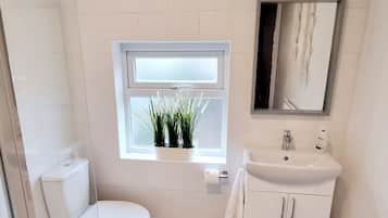 Combined shower/bathtub, hair dryer, towels, soap