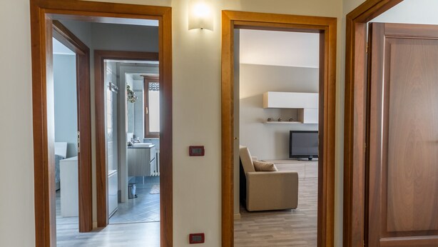 A hallway with wooden doors leading to a living area with a sofa and a television.