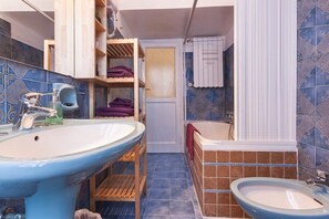 Combined shower/tub, hair dryer, bidet, towels