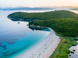 An aerial view of a coastal area with a beach, clear turquoise waters, and a forested island. - Zeus 1 PRIVATE pool apartment  (NISSAKI CORFU)