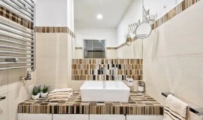 Shower, hair dryer, bidet, towels