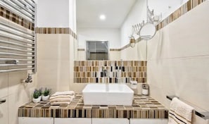 Shower, hair dryer, bidet, towels