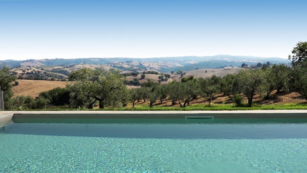 A swimming pool with clear water, surrounded by olive trees and a hilly landscape in the background. - Charming Maremma Villa w/Swimming Pool, Countryside Serenity and Beaches Nearby (Magliano in Toscana)