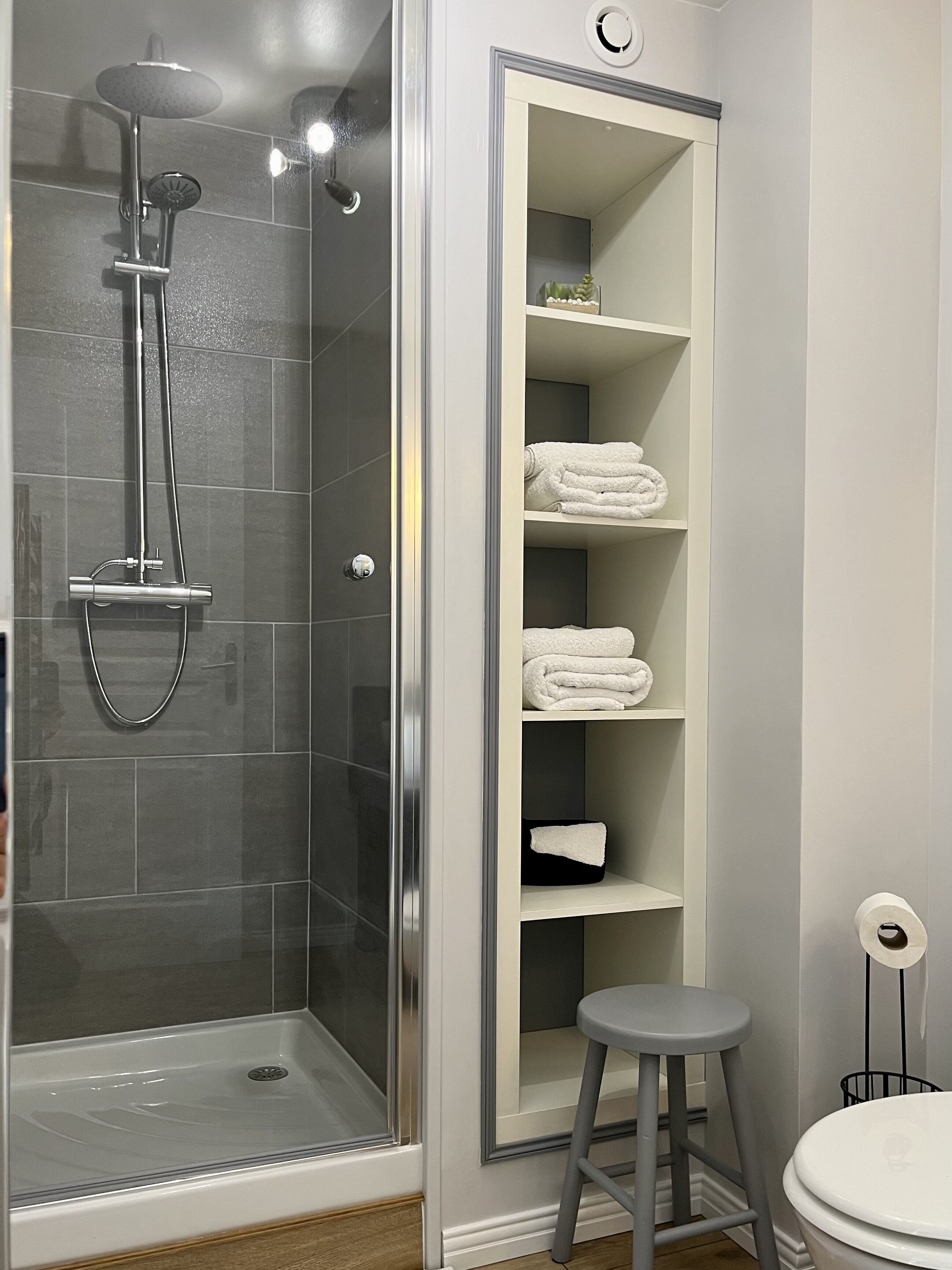 Ensemble baignoire-douche, articles de toilette (gratuits)