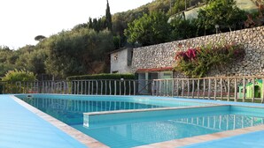 Piscina retangular com borda azulejada, rodeada por um muro de pedra e uma cerca de madeira.