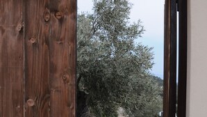 A wooden door leading to a garden with olive trees and a stone wall. - Melolia A2 holiday home with pool and fabulous views (Alyki)