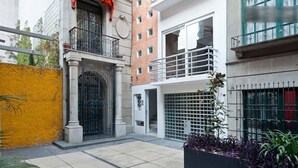 Une cour avec un mur jaune, un portail en fer forgé noir et un jardinier orné de plantes à feuillage violet.