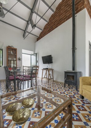 Televisión, chimenea y libros 