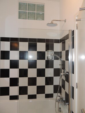 Hair dryer, towels, shampoo, toilet paper