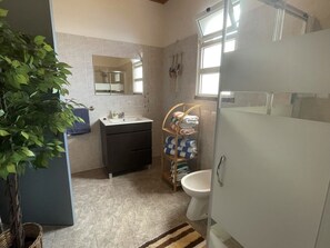 Ducha, secador de pelo, toallas, papel higiénico