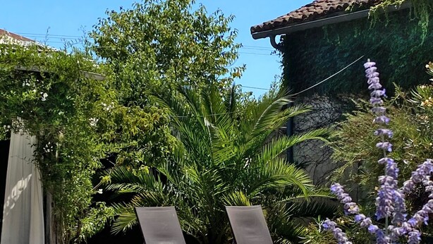 A swimming pool with two lounge chairs, surrounded by lush greenery and a building with a tiled roof. - Gîte with pool, grounds, air-conditioning for peaceful family holidays in Landes (Sainte-Colombe)