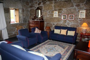 Une pièce avec un mur en pierre, une commode en bois, deux canapés bleus, un tapis à motifs et une petite table avec une lampe.
