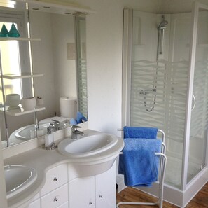 Bathtub, hair dryer, towels, soap