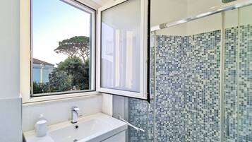 Shower, hair dryer, bidet, towels