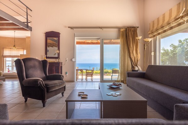 Televisio, takka, DVD-soitin, musiikkikirjasto