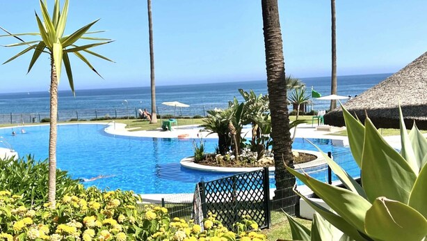 Un área de piscina con vista al océano, rodeada de palmeras y una estructura de techo de paja.