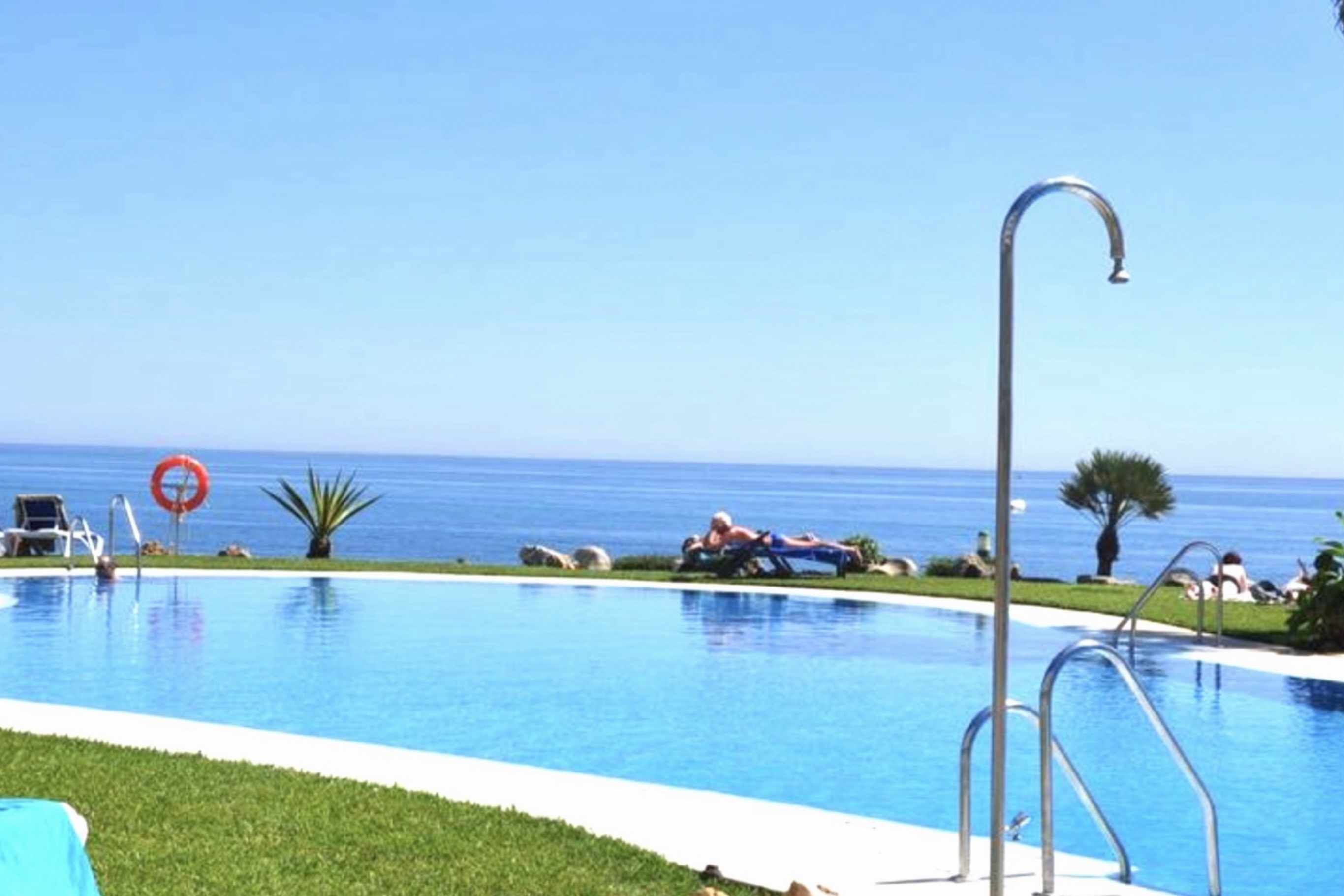 A pool with a clear view of the ocean, surrounded by a well-maintained lawn and a few palm trees.
