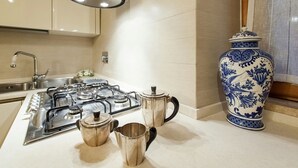 A kitchen with a gas stove, stainless steel cookware, a sink, and a decorative blue and white vase. - Navona Apartment (Piazza Navona San Pietro Castel Sant'Angelo Campo dè Fiori) (Roma)