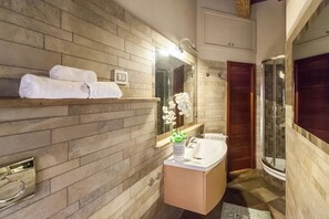 Shower, hair dryer, bidet, towels