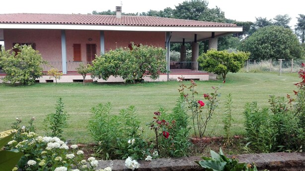 Ein Haus mit rotem Ziegeldach, einer Veranda und einem gepflegten Rasen mit verschiedenen Pflanzen und Blumen.