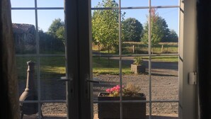 Une vue à travers une porte vitrée ornée d’une grille métallique, donnant sur un espace pavé agrémenté d’un parterre de fleurs et d’un arbre.