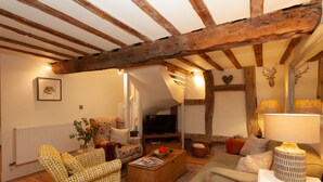 Un salon chaleureux avec un plafond en bois, une télévision, un canapé, un fauteuil à motifs et une table basse avec des livres.