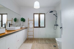 Combined shower/tub, hair dryer