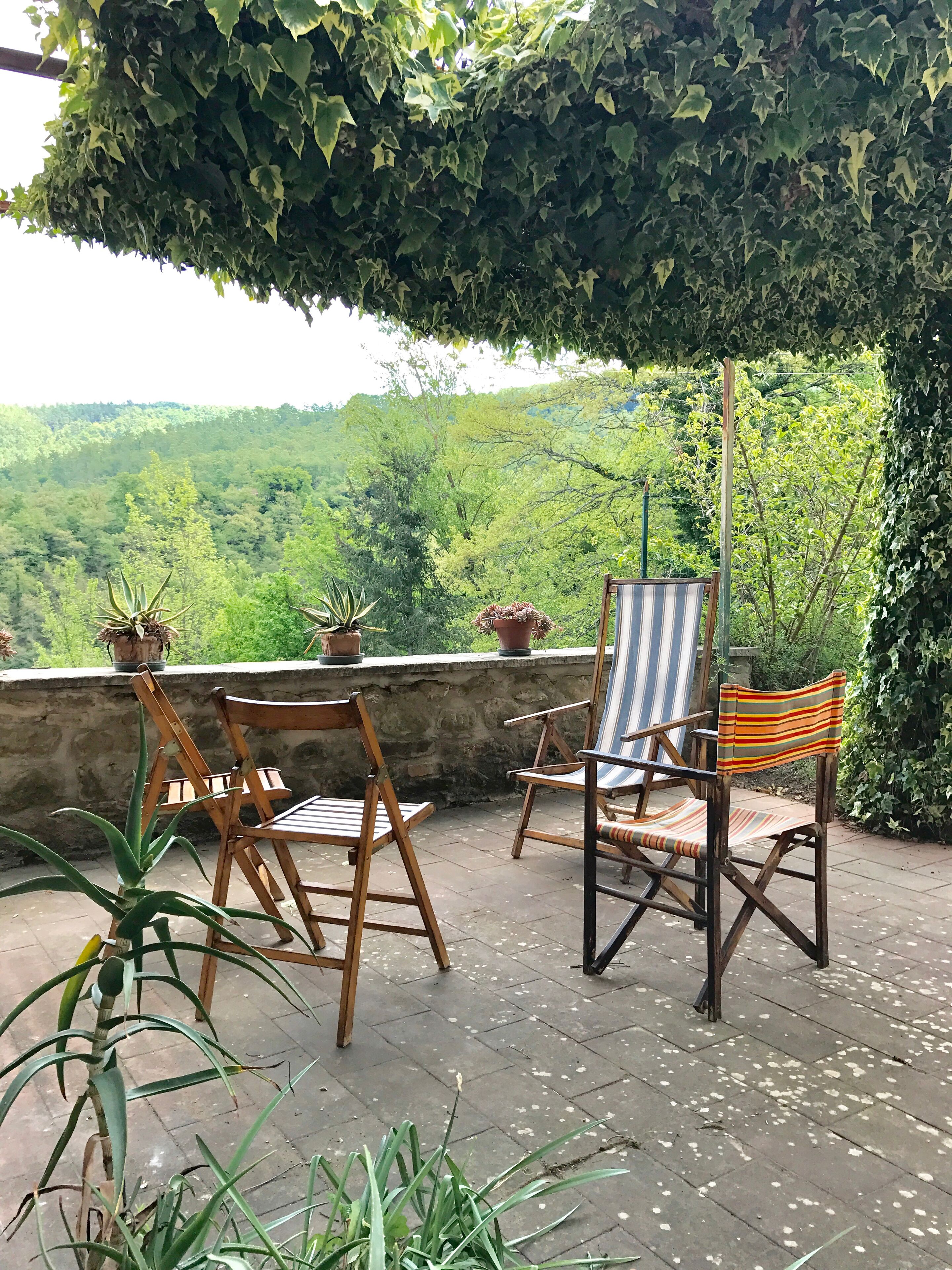 Eine Terrasse mit Holzstühlen und einem gestreiften Stuhl, umgeben von Blumentöpfen und Blick auf eine bewaldete Landschaft.