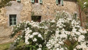 A stone building with green shutters and a small window. - Bargi House (Perugia)
