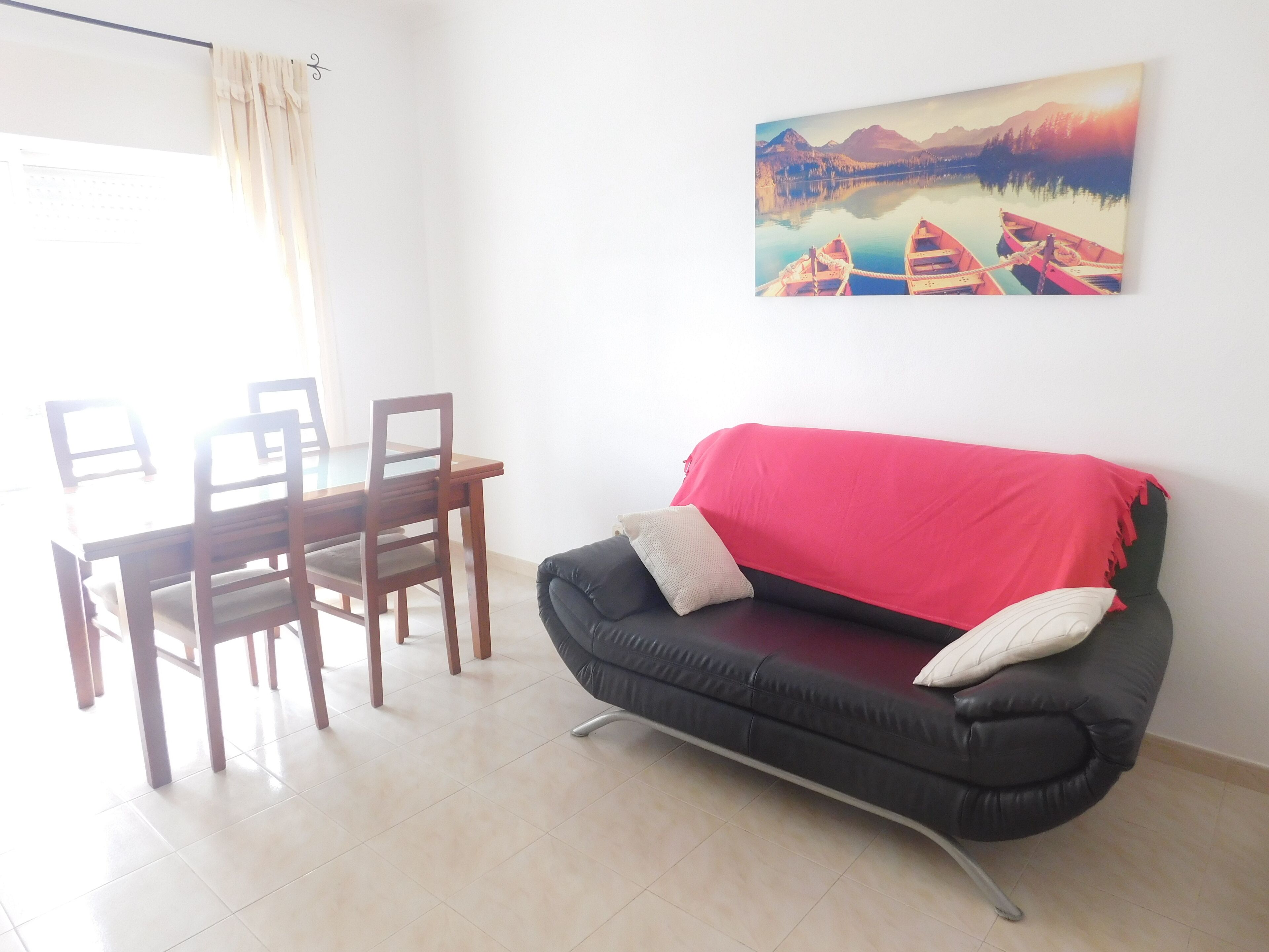 A living room with a black sofa, a red throw blanket, and a painting of boats on a lake.