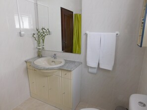 Combined shower/bathtub, hair dryer, bidet, towels