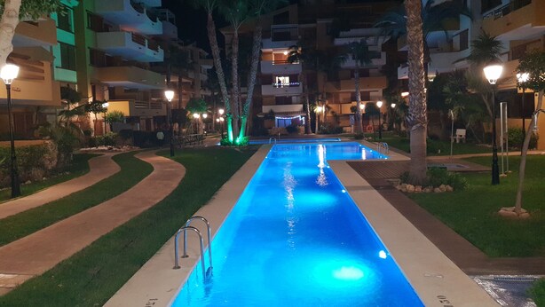 En swimmingpool med en springvand, omgivet af palmer og oplyst af gadelamper.