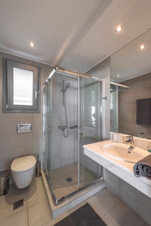 Bathtub, hair dryer, towels, soap