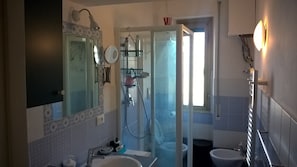 Shower, hair dryer, bidet, towels