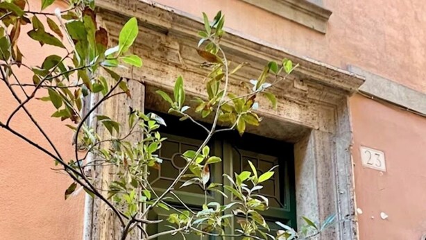 A green double door with a metal ring handle, set in a stone frame, with a small window above.