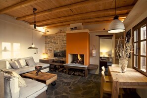 Fernseher, Kamin, Bücher, Musikbibliothek