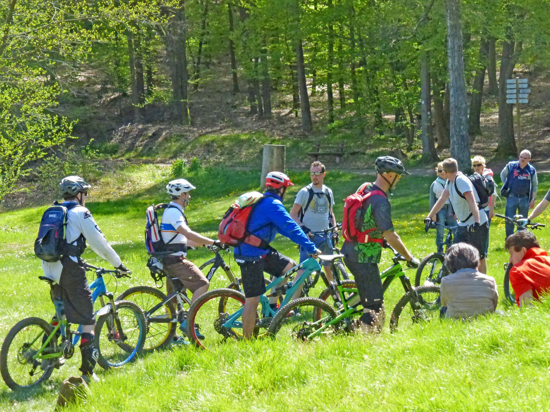 Un grupo de ciclistas en un área con césped y árboles al fondo.