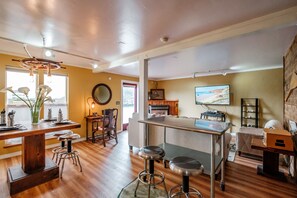 Smart TV, fireplace, books, music library